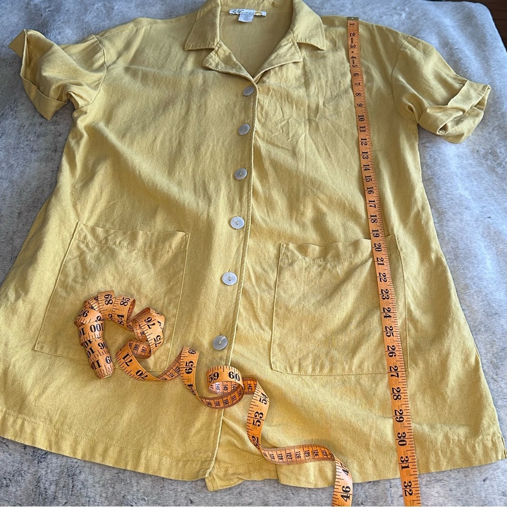 Yellow Linen Blend Short Sleeve Shirt With Pockets, Lagenlook, Beach Cover-up - Picture 11 of 11